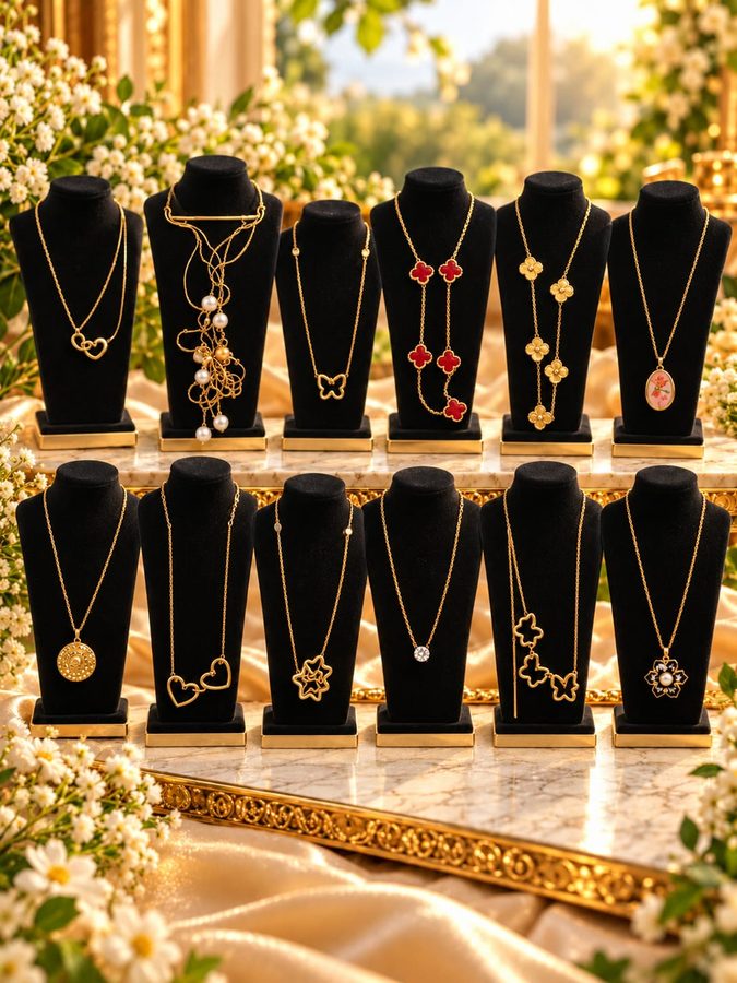 Gold-tone necklaces on display